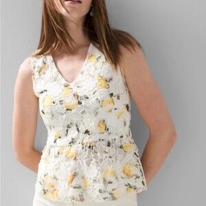 NWT White House Black Market Lemon Print Eyelet Lace Peplum Blouse